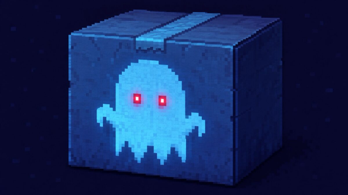A pixel-art shipping crate glowing blue in the dark, with a red-eyed ghost stamped on its side