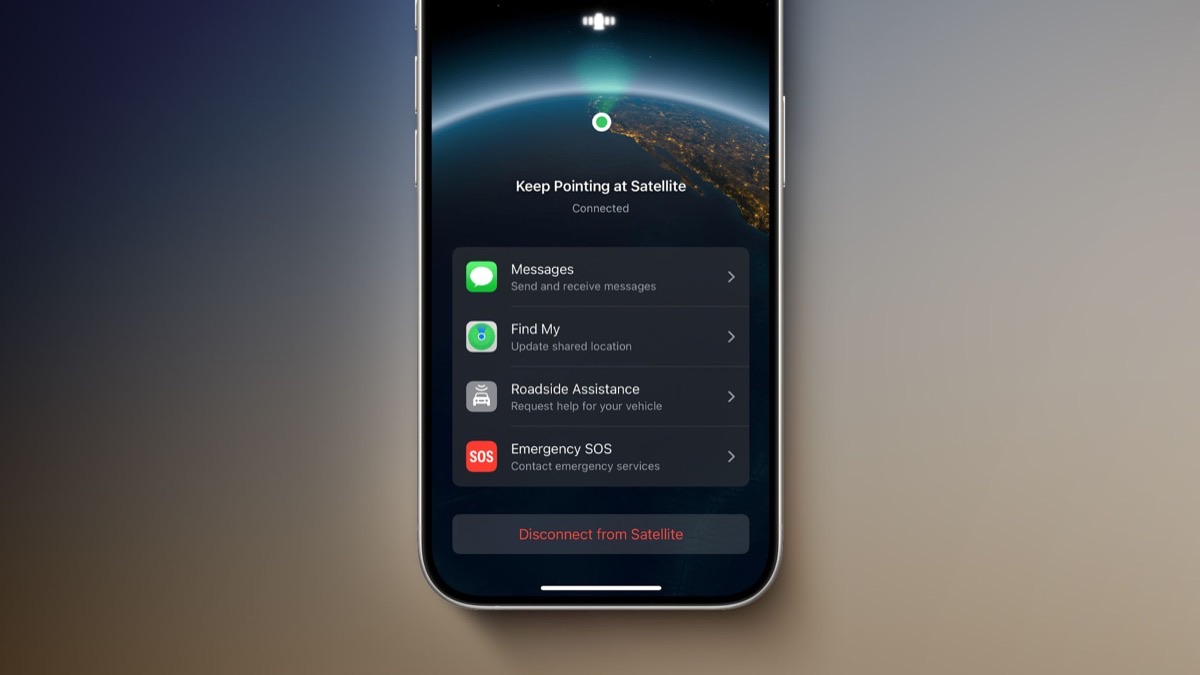 iPhone satellite connection screen showing Messages, Find My, Roadside Assistance, and Emergency SOS
