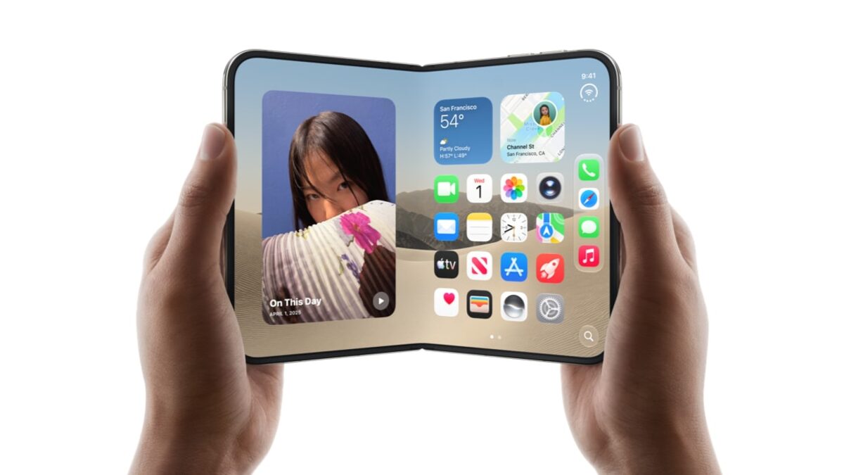 Two hands hold an open iPhone Duo, its wide 7.6-inch inner display showing the iOS home screen with a photo widget, weather and maps tiles beside a grid of app icons
