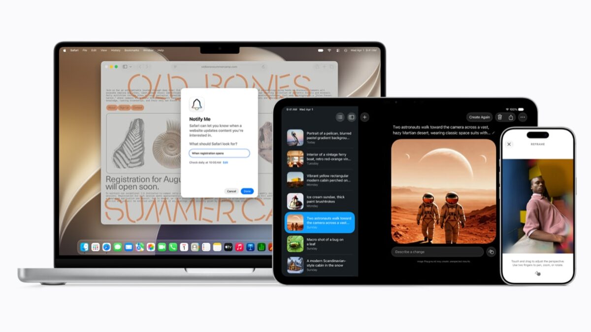 Safari Notify Me alongside Image Playground and the spatial Reframe tool, shown on Mac and iPhone