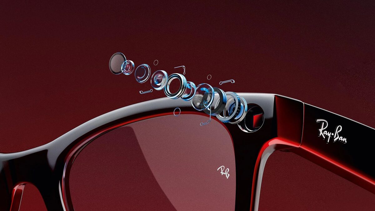 Exploded view of the camera module built into the corner of a Ray-Ban Meta smart glasses frame