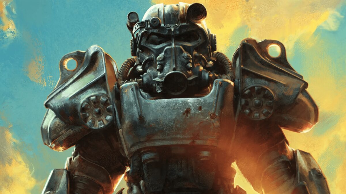 Fallout power armor key art showing a figure in battered T-60 armor against a painted desert sky.