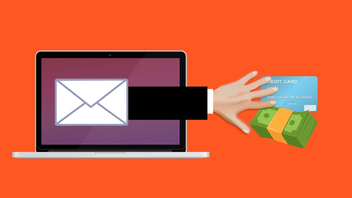 Flat illustration of a laptop with a hook pulling a password from the screen, surrounded by phishing and malware icons