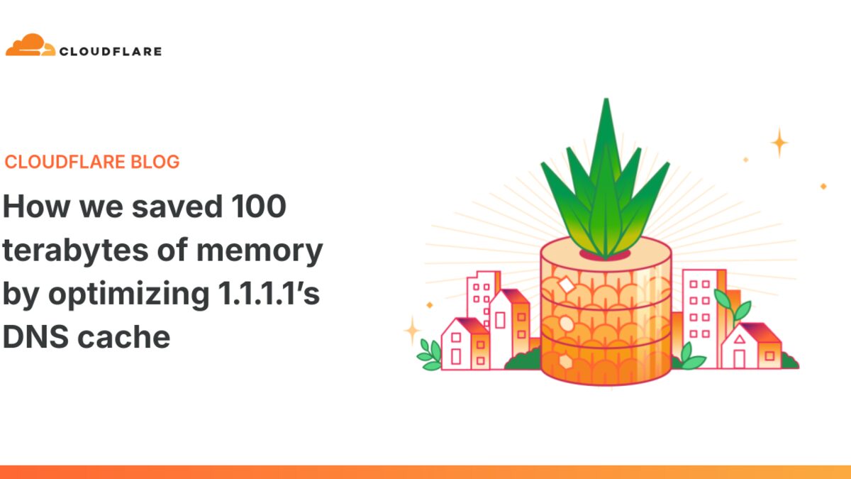 Cloudflare blog card with the orange Cloudflare cloud logo and the headline 'How we saved 100 terabytes of memory by optimizing 1.1.1.1's DNS cache', beside an illustrated pineapple standing among small houses.