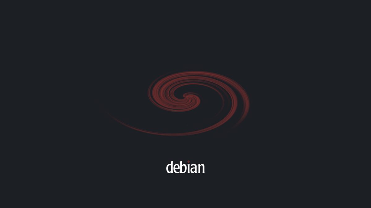 The Debian swirl logo in dark red above the lowercase debian wordmark on a near-black background.