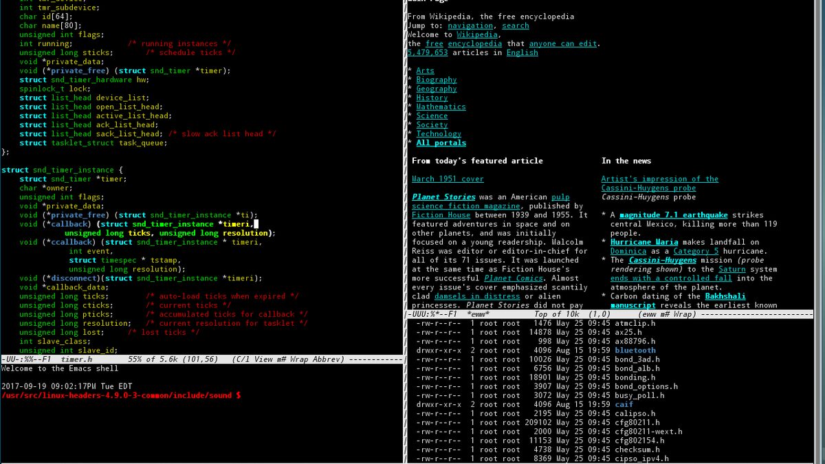 A developer's Emacs session in a Linux terminal, editing C source alongside a shell