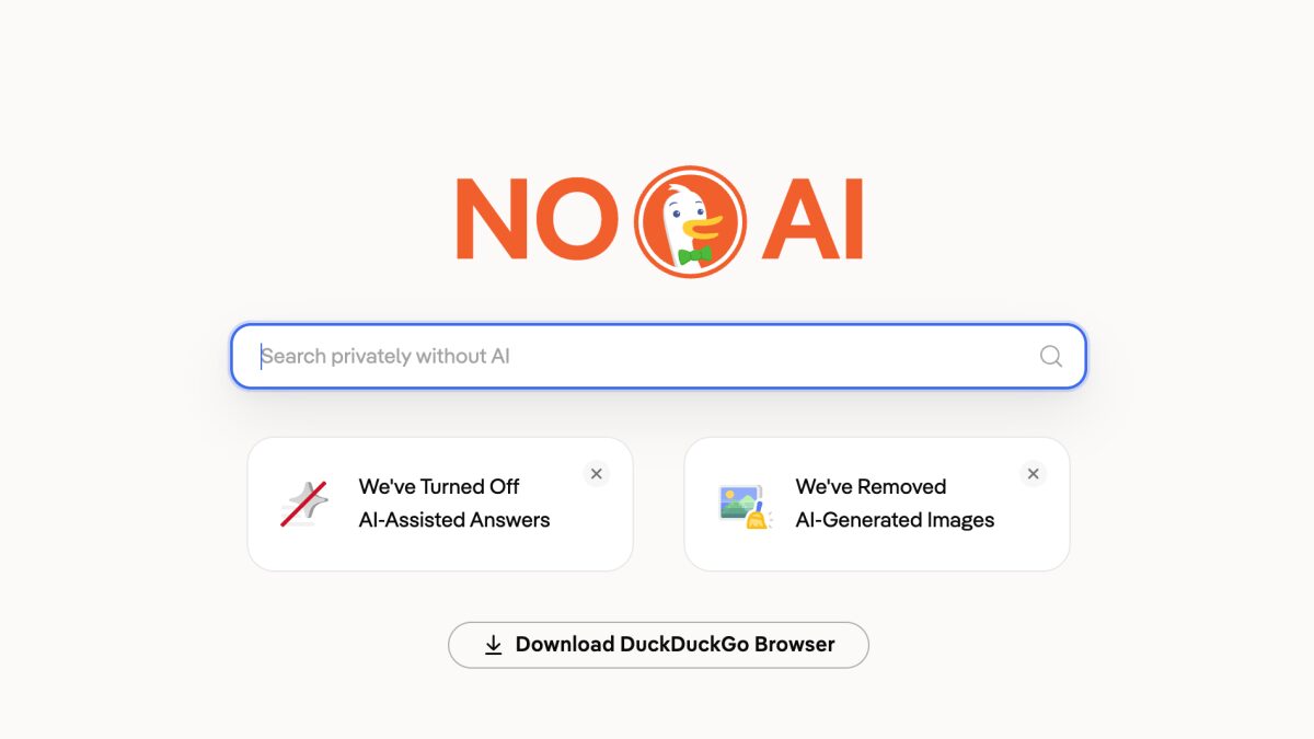 DuckDuckGo's 'No AI' search promotion, the page the company points users to when they want AI features turned off.