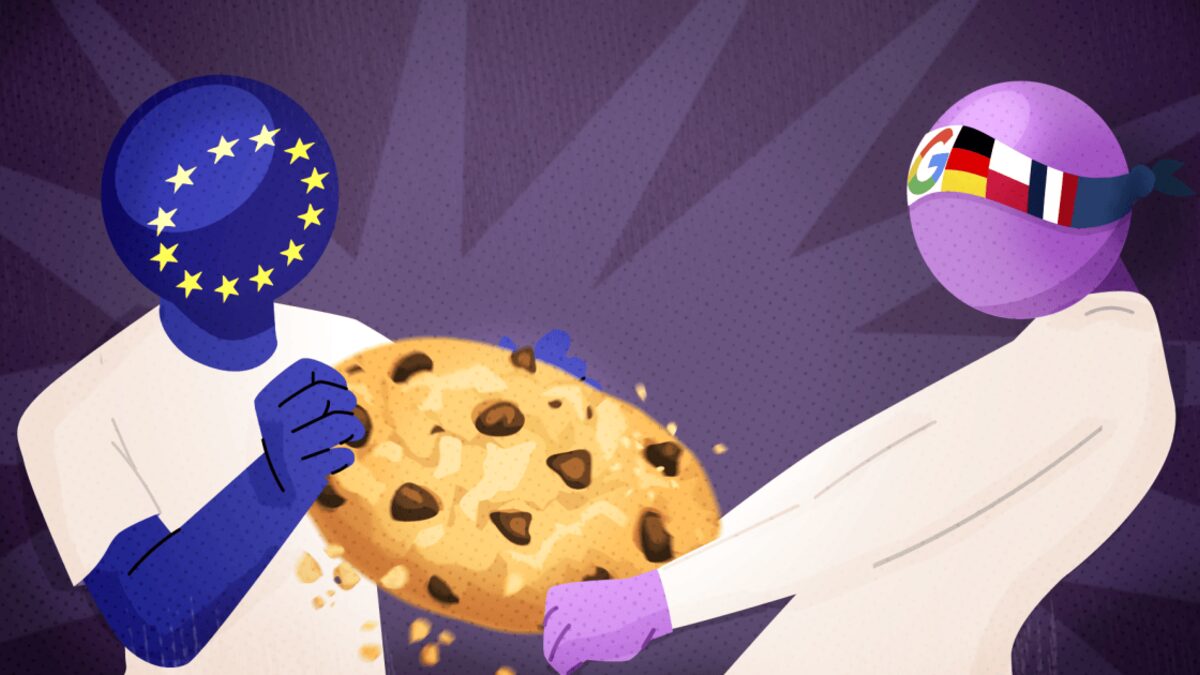 Illustration of a figure with an EU-flag head and a figure wearing a headband bearing the Google logo and the German, Polish and French flags, tearing a chocolate-chip cookie apart between them.