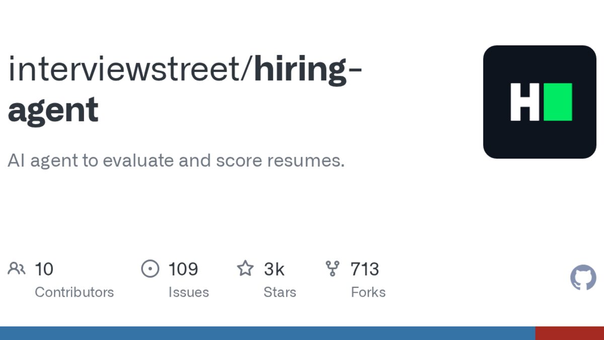 GitHub repository page for interviewstreet/hiring-agent, HackerRank's open-source resume-scoring pipeline.