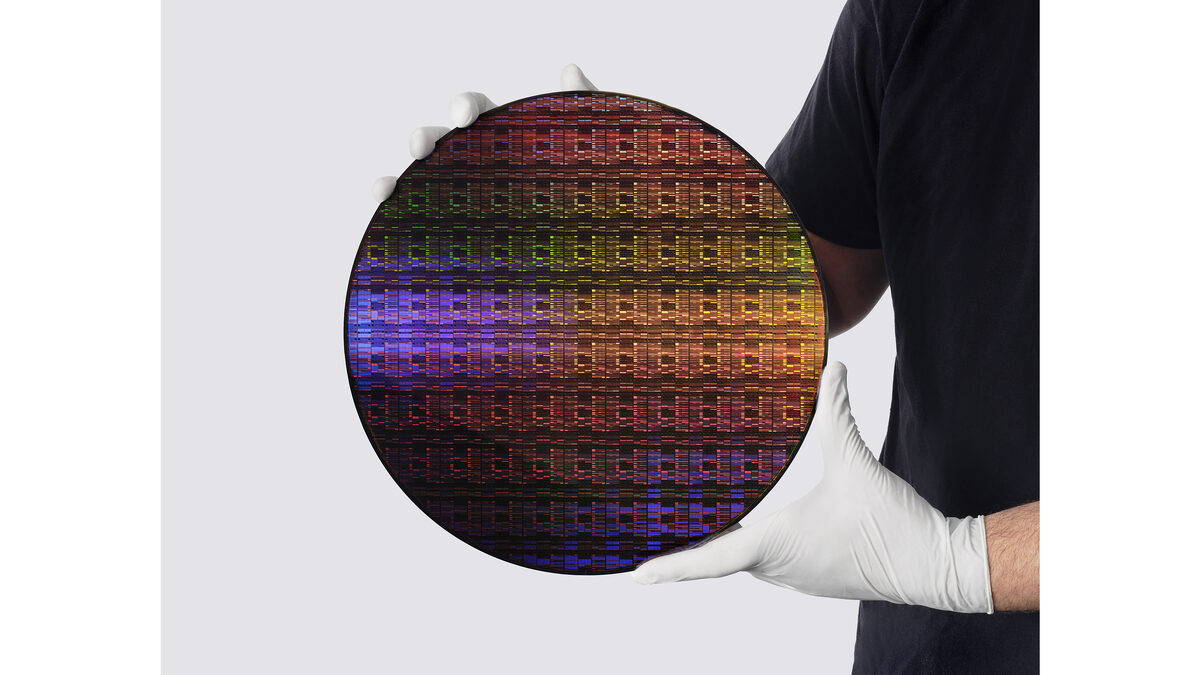 A silicon wafer patterned with IBM's sub-1-nanometer node test chips.