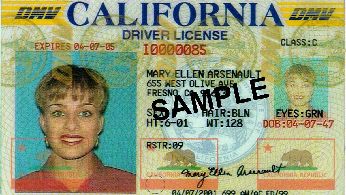 A California DMV specimen driver license stamped SAMPLE in black across the middle, showing the fictional holder's portrait, address, height, weight and date of birth