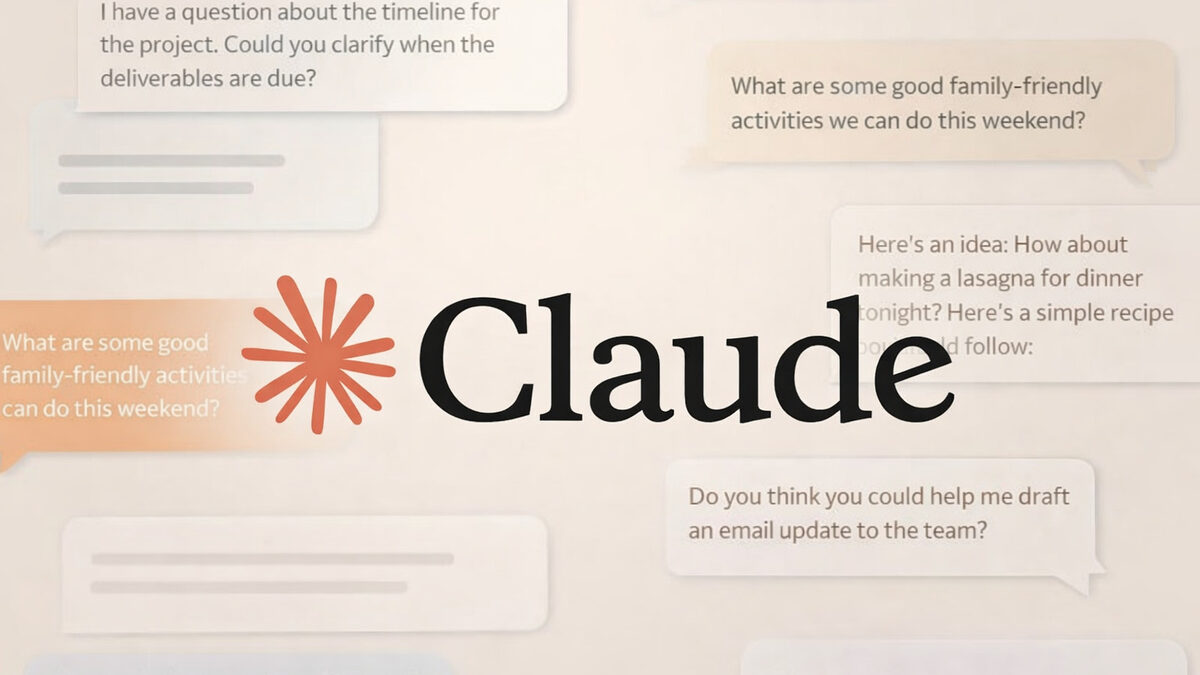 The Claude wordmark and orange starburst logo centred over a cream background scattered with sample chat bubbles asking about project timelines and weekend activities