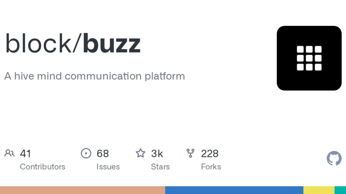 GitHub repository card for block/buzz with the tagline 'A hive mind communication platform', showing 3k stars and 228 forks.