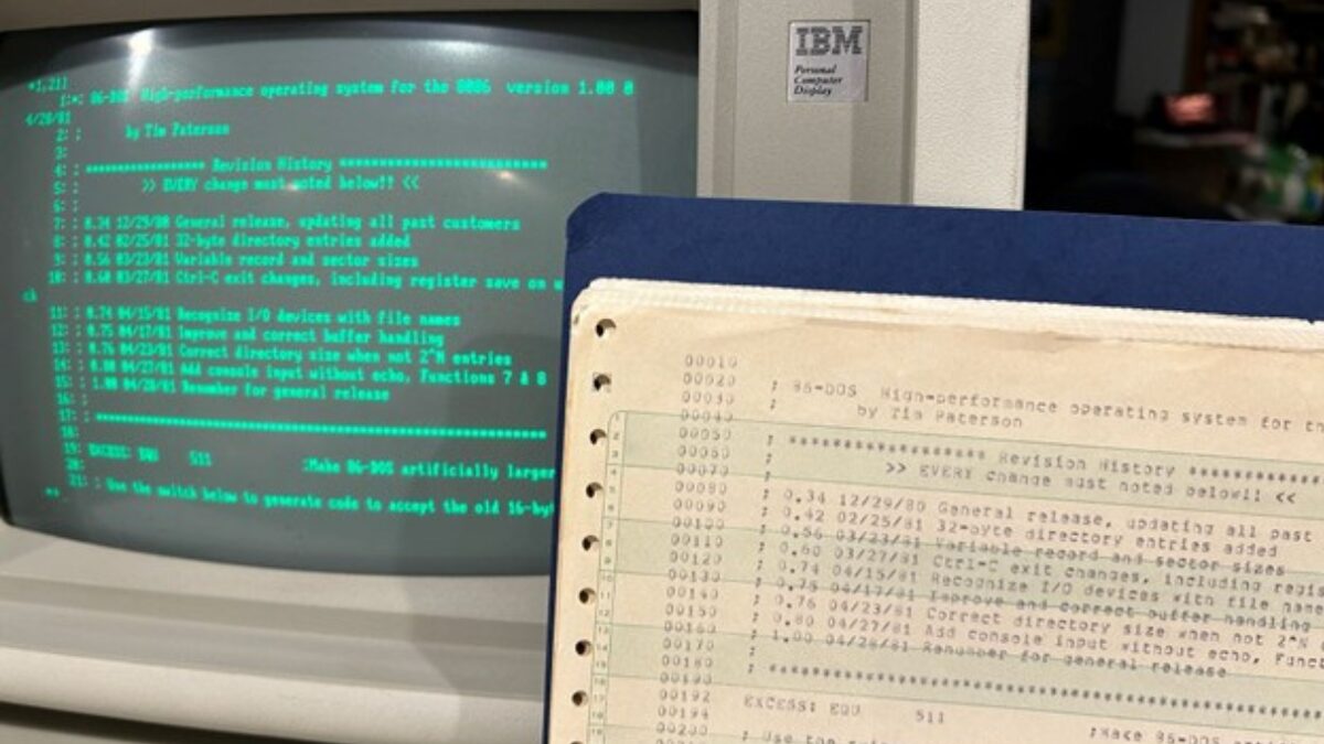 A scan of the 86-DOS changelist from Tim Paterson's 1981 assembler printout, the kind of artifact Microsoft released under MIT on April 28.