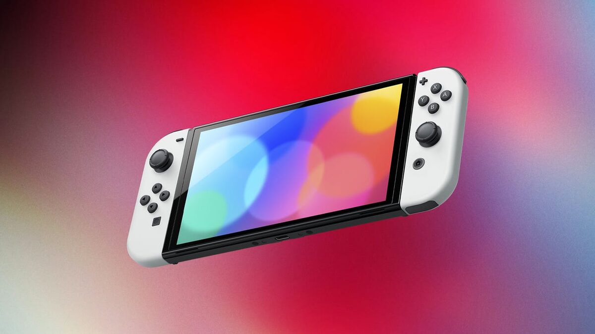 Nintendo Switch console and dock on a white background.