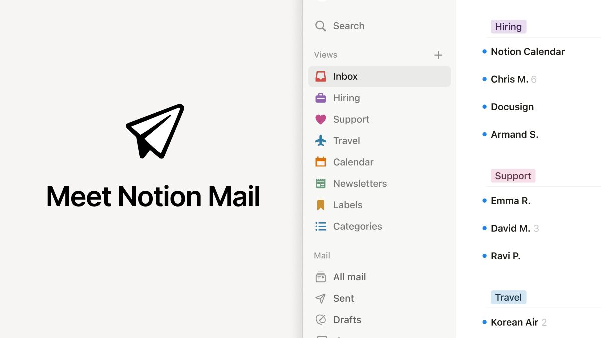 The Notion Mail inbox interface with a labeled sidebar and a 'Meet Notion Mail' graphic