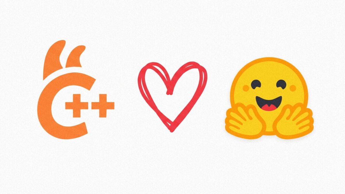 Hugging Face's announcement graphic for the ggml team joining the company: the orange ggml C++ logo, a hand-drawn red heart, and the yellow Hugging Face emoji with open hands, on an off-white background
