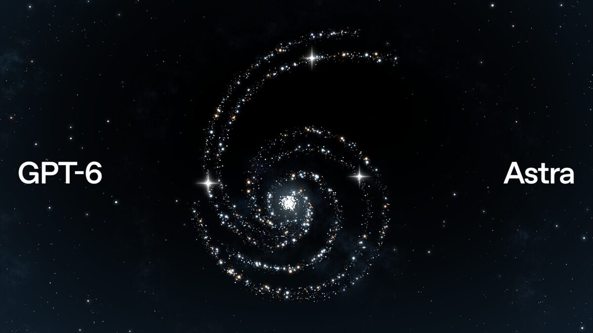 OpenAI's GPT-6 Astra launch card, showing a white spiral galaxy of stars on black with the words GPT-6 and Astra set on either side.