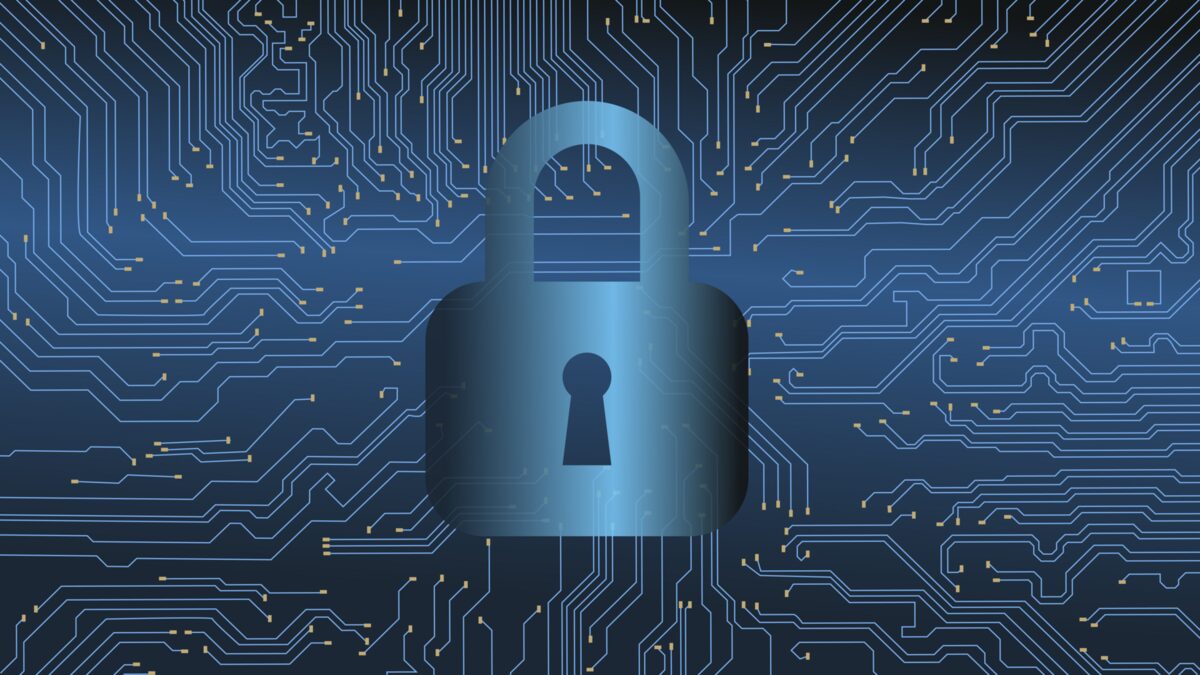 Abstract cybersecurity illustration of a glowing padlock over a circuit board, representing data protection