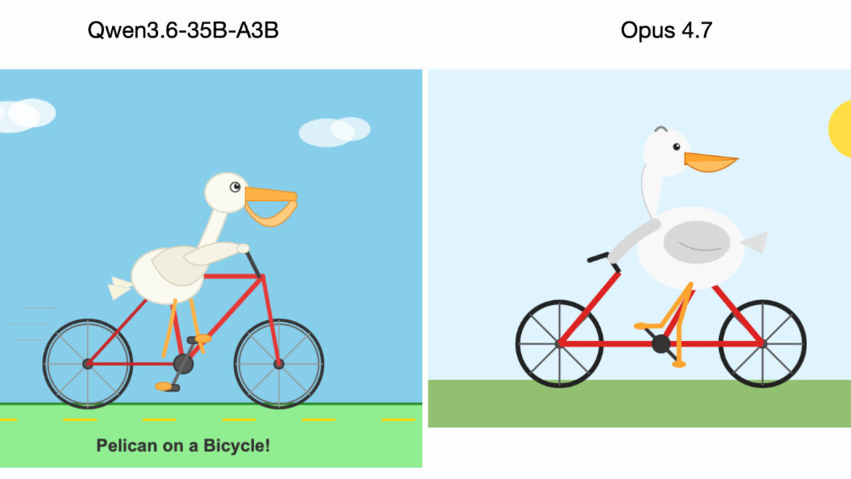 Header card from Simon Willison's 'Qwen3.6 beats Opus' post comparing pelican SVGs