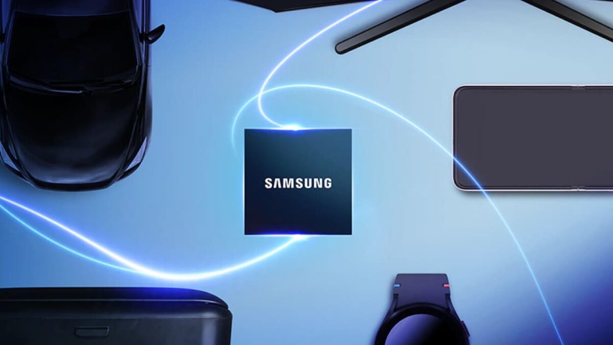 Samsung's System LSI key visual: a Samsung-branded chip package at the center of light traces running out to a car, a foldable phone, a smartwatch and a laptop