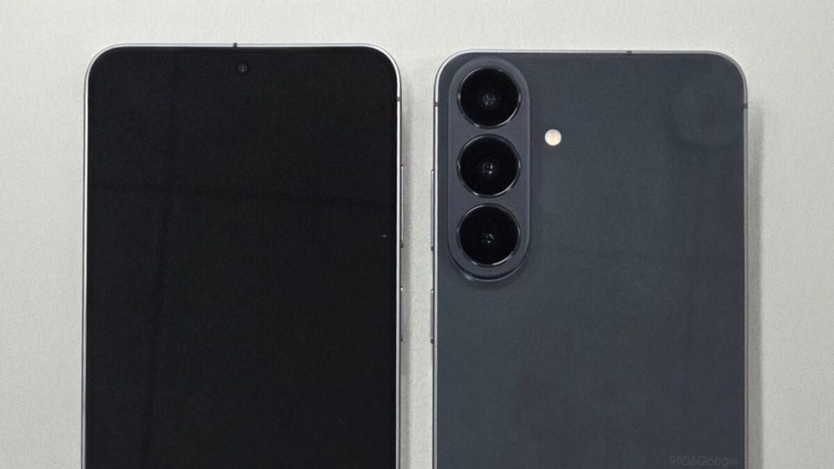 A leaked hands-on image of the Samsung Galaxy S26 FE showing a raised, flagship-style camera bump near the top-left edge.