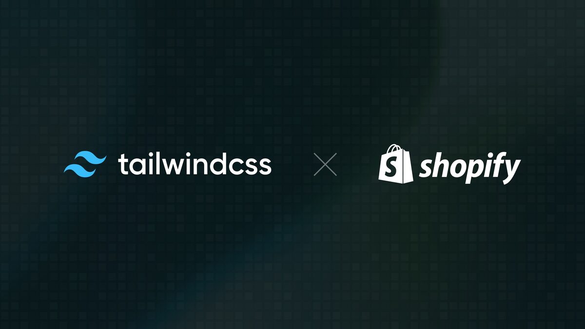 The announcement card from the Tailwind CSS blog: the lowercase tailwindcss wordmark with its blue double-wave logo, a small x, and the Shopify wordmark with its white shopping-bag logo, on a dark teal pixel-grid background.