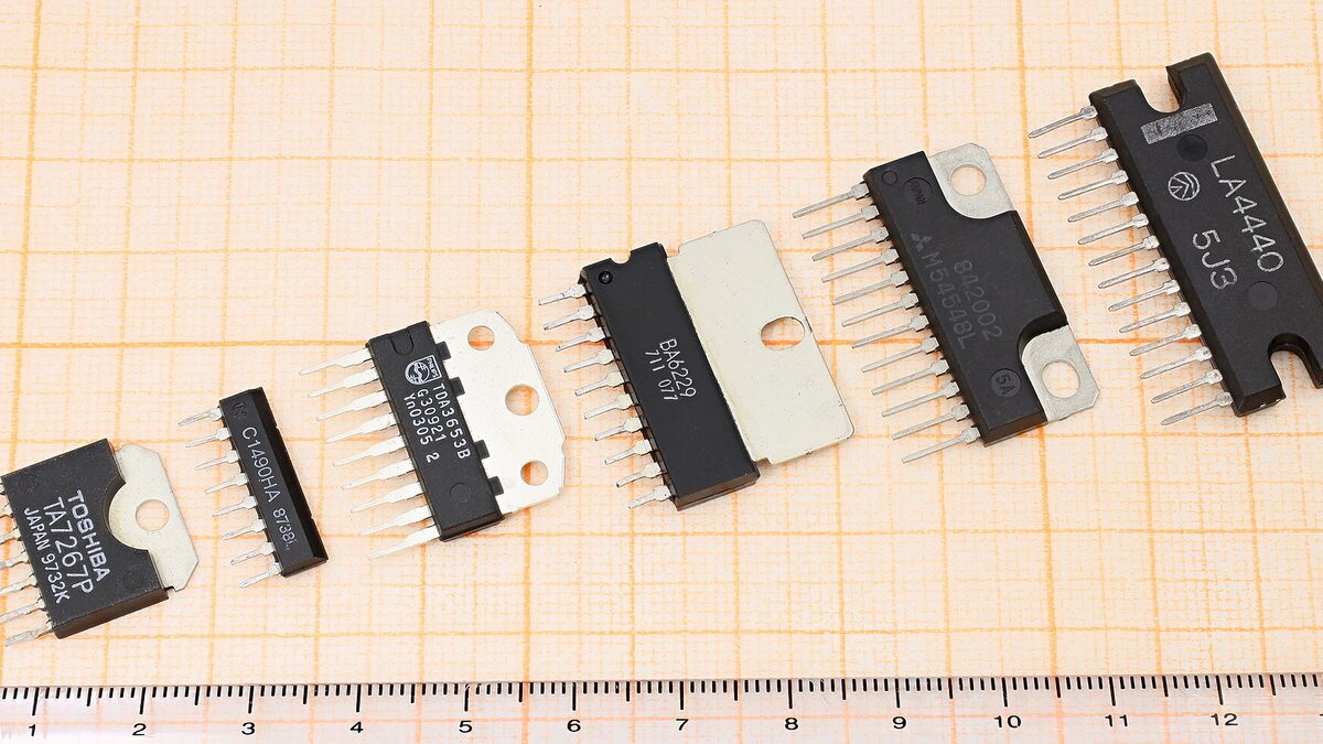Close-up of integrated-circuit packages, the kind of memory and logic chips at the center of South Korea's investment plan