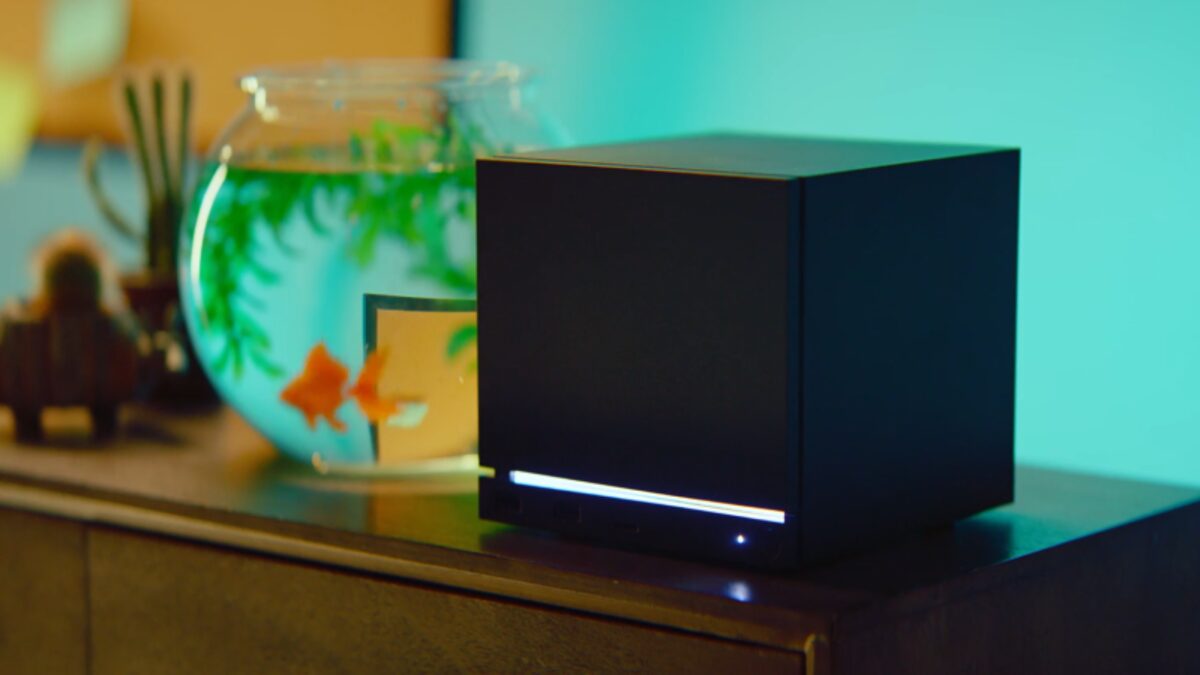 Valve's Steam Machine, a small cube-shaped living-room PC console, shown in its product render.