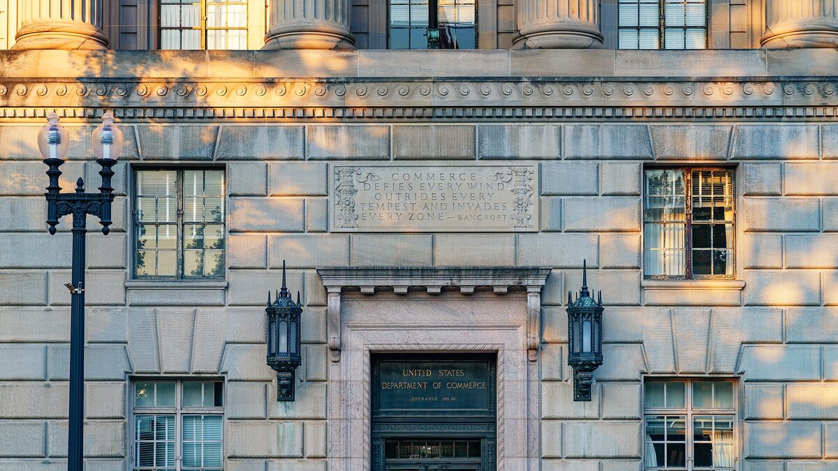The US Department of Commerce headquarters, the Herbert C. Hoover Building, in Washington, D.C.