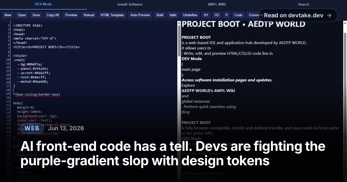 A browser-based code editor showing HTML and CSS custom properties next to a live preview pane