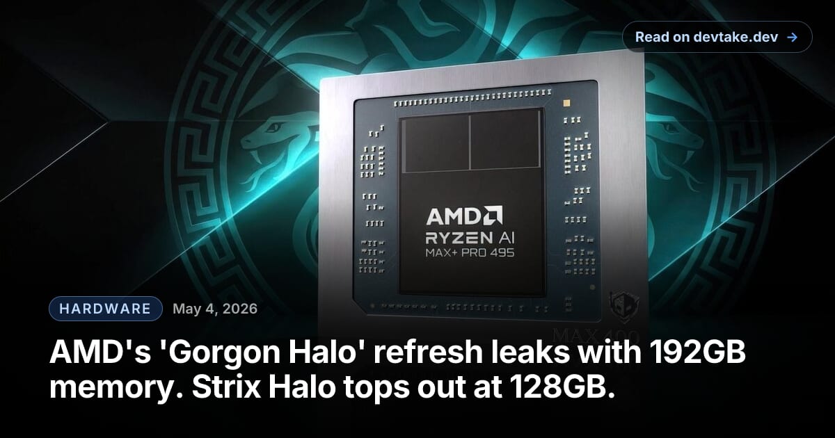Render of an AMD Ryzen AI Max+ 495 'Gorgon Halo' APU package, surrounded by labels for the Radeon 8065S integrated GPU and the chip's memory configuration.