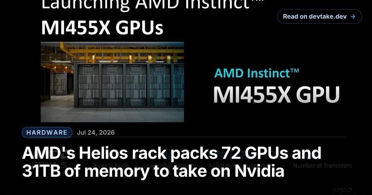 AMD launch slide reading 'Launching AMD Instinct MI455X GPUs' with a data-center photo and specs: CDNA 5, 2nm process node, HBM4, FP4/FP6/FP8, 320B transistors