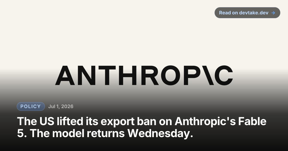 Anthropic's Claude branding on a soft gradient panel, used to illustrate the redeployment of Fable 5 after export controls were lifted.