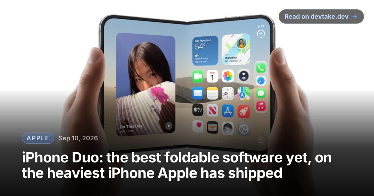 Two hands hold an open iPhone Duo, its wide 7.6-inch inner display showing the iOS home screen with a photo widget, weather and maps tiles beside a grid of app icons