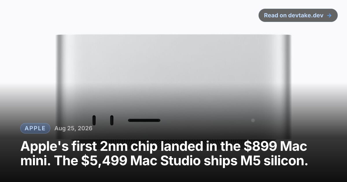 Apple's press photo of the Mac Studio shot head on, a squat silver aluminum block with two USB-C ports and an SD card slot across the front, on a plain white background