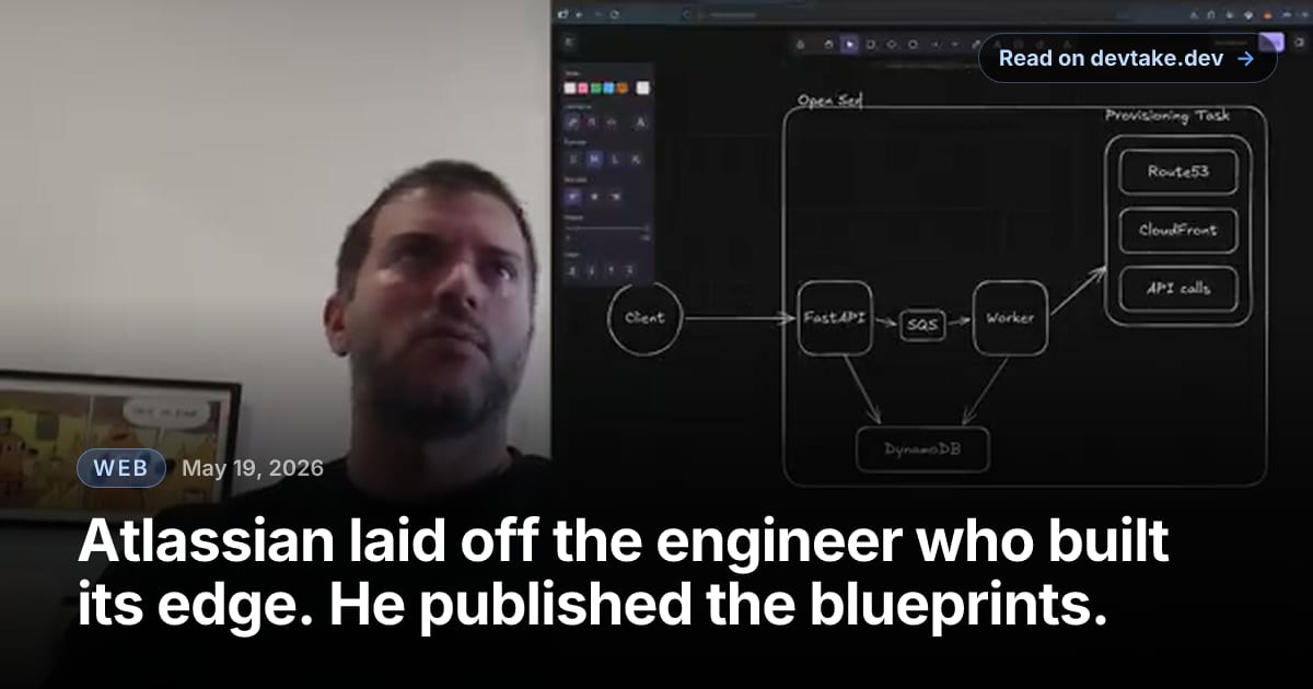 Vasilios Syrakis at his desk next to a whiteboard diagram of an Open Service Broker: Client → FastAPI → SQS → Worker → DynamoDB, with provisioning tasks to Route53, CloudFront, and API calls.