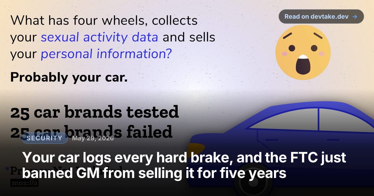 Mozilla *Privacy Not Included graphic illustrating a car as a privacy nightmare, with data flowing out of the vehicle.