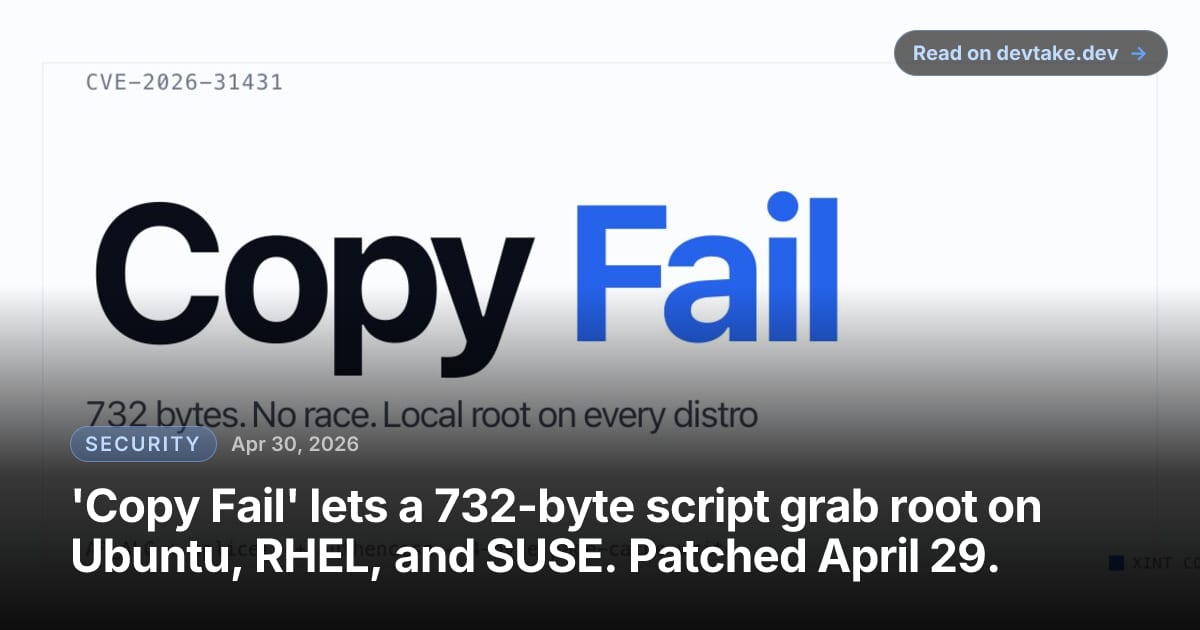 The Copy Fail launch graphic showing a stylized terminal prompt and the title text on a dark background.