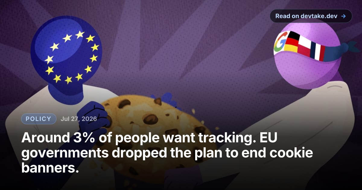 Illustration of a figure with an EU-flag head and a figure wearing a headband bearing the Google logo and the German, Polish and French flags, tearing a chocolate-chip cookie apart between them.