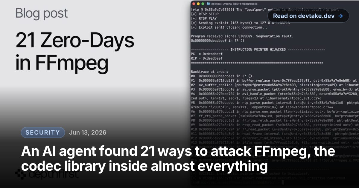 DepthFirst research card titled 'Twenty One Zero-Days in FFmpeg' over a dark code-styled background