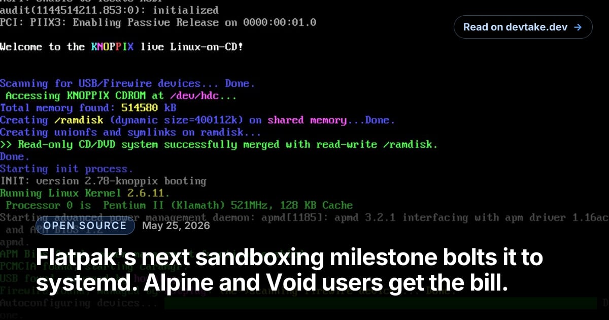 A Linux boot screen with kernel messages scrolling, used here as visual shorthand for the init-system layer where the Flatpak/systemd argument is happening.