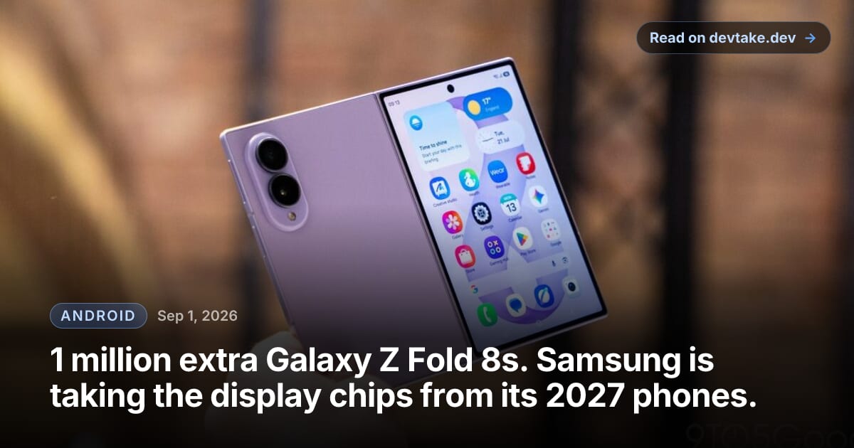 A hand holds a lavender Galaxy Z Fold 8 partly folded outdoors, showing the rear camera bump on one half and the inner display's home screen on the other