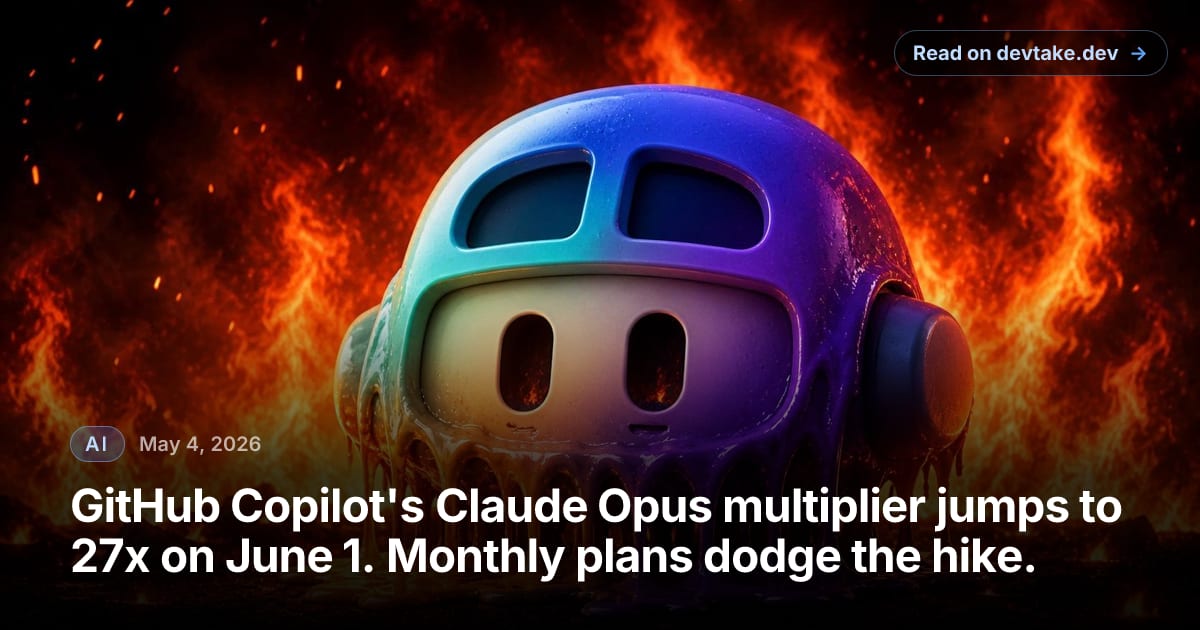 Stylized GitHub Copilot mascot melting into glowing puddles in front of a wall of flames — a visual metaphor for the steep multiplier hike on annual plans.