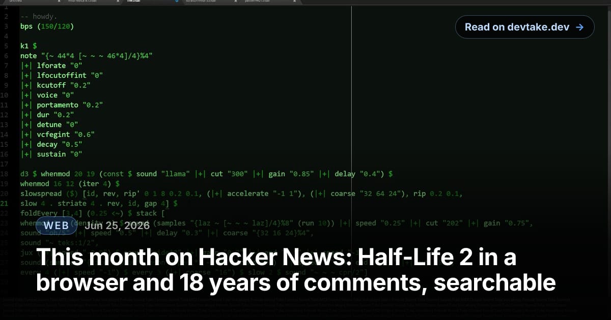 A code editor screen showing colorful live-coding source, the kind of project that lights up the Hacker News front page