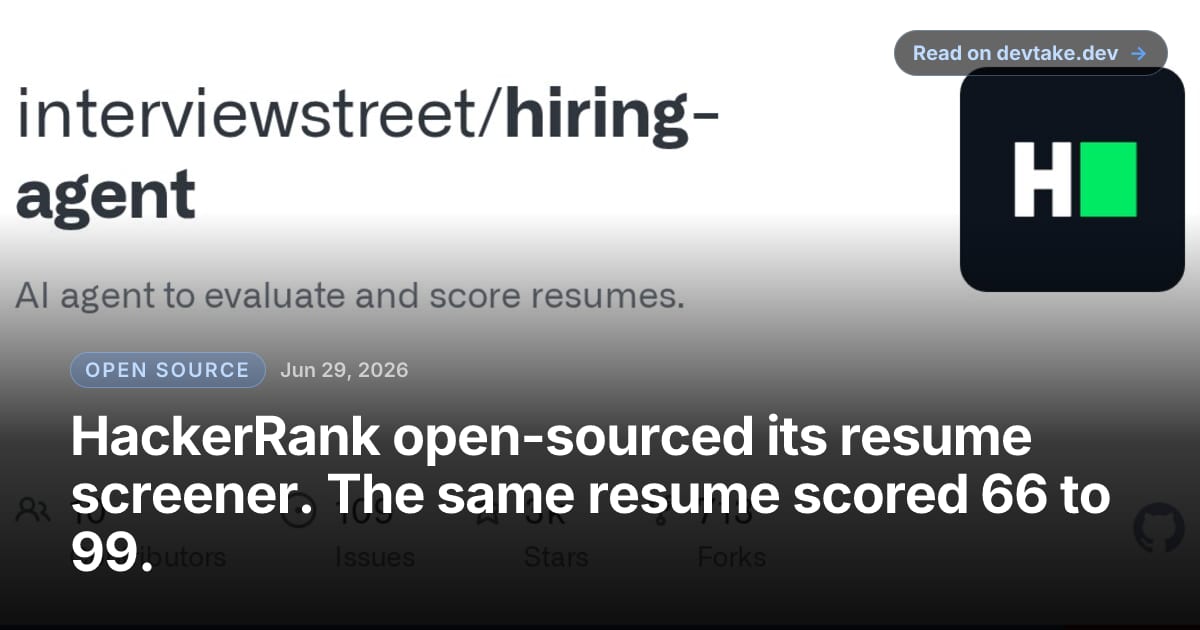 GitHub repository page for interviewstreet/hiring-agent, HackerRank's open-source resume-scoring pipeline.
