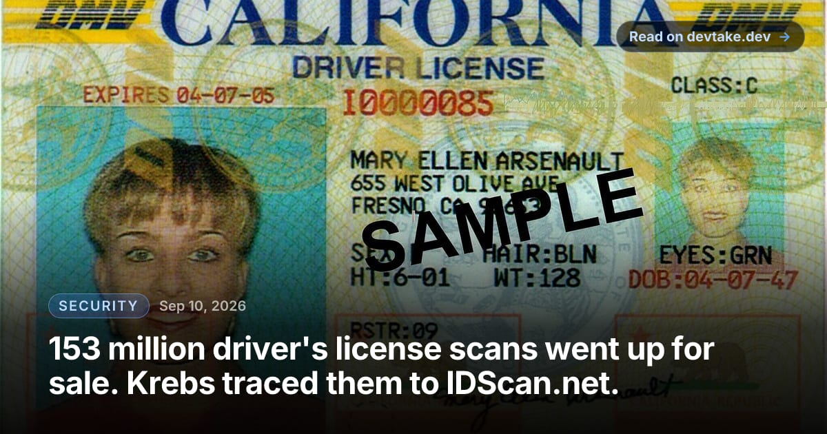 A California DMV specimen driver license stamped SAMPLE in black across the middle, showing the fictional holder's portrait, address, height, weight and date of birth