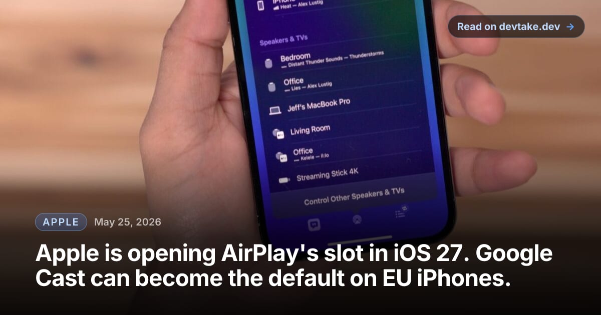 A Roku streaming stick glyph next to the AirPlay 2 logo on an iOS screen, illustrating the streaming-protocol layer the iOS 27 change would open.