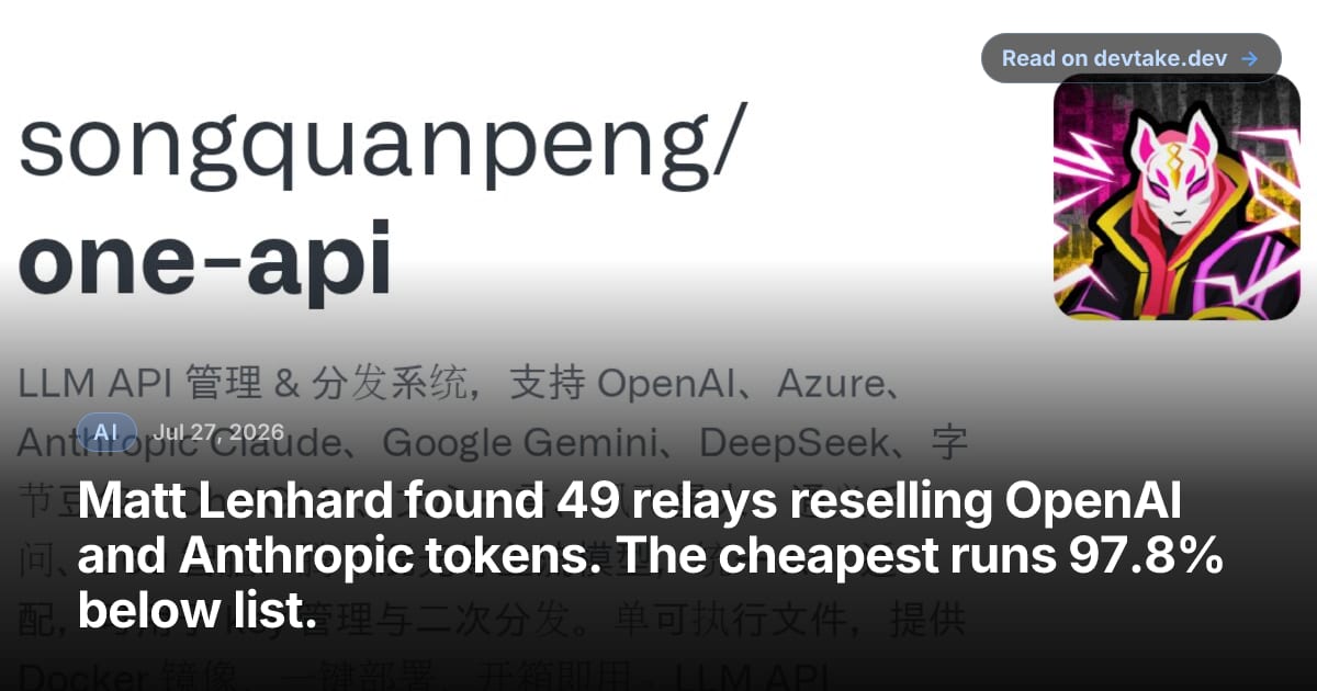 GitHub repository card for songquanpeng/one-api, the open-source LLM API management and distribution gateway that most relay services run on