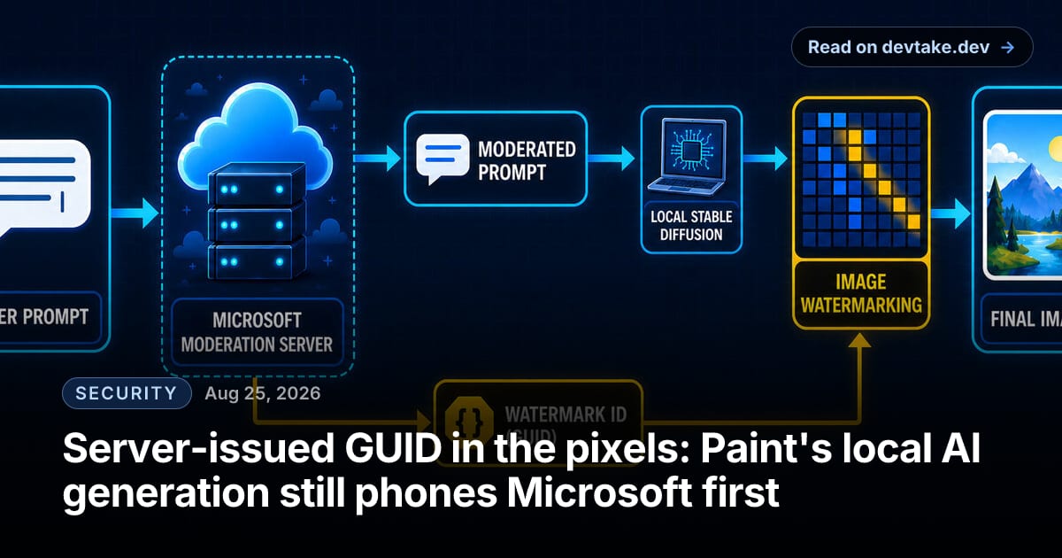 Data-flow diagram showing a user prompt going to a Microsoft moderation server, which returns a moderated prompt and a watermark ID GUID, with local Stable Diffusion generating the picture and an image-watermarking stage stamping the GUID into the final image